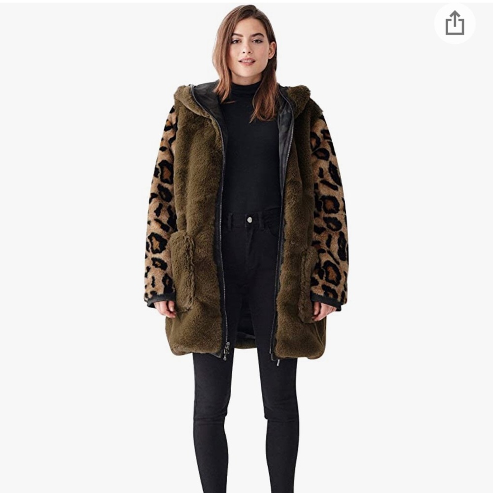 DL1961 Phoebe Reversible Faux Fur Teddy Bear Coat Parka Jacket S Leopard